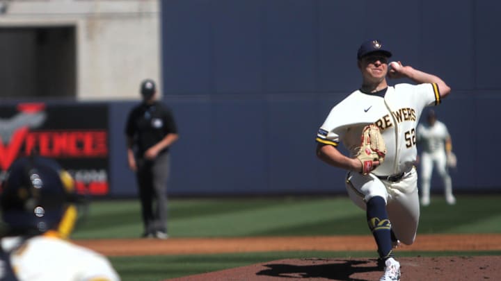 Milwaukee Brewers pitcher Kyle Harrison throws a pitch against the Seattle Mariners on March 8 at American Family Fields of Phoenix.
