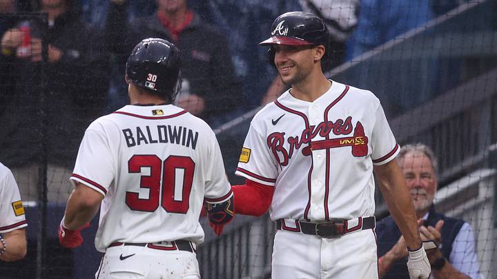 Jun 16, 2026; Atlanta, Georgia, USA; Atlanta Braves catcher Drake Baldwin (30) celebrates with first baseman Matt Olson (28) after a home run against the San Francisco Giants in the first inning at Truist Park. Mandatory Credit: Brett Davis-Imagn Images