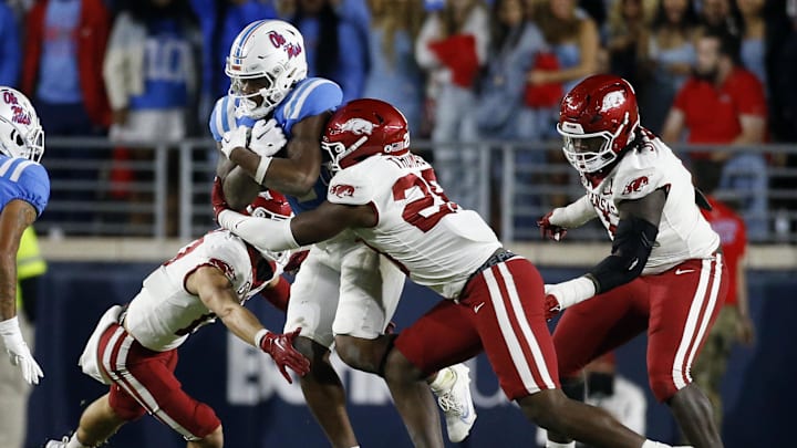 Oct 7, 2023; Oxford, Mississippi, USA; Mississippi Rebels running back Quinshon Judkins (4) runs
