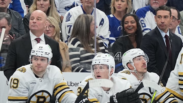 Apr 27, 2024; Toronto, Ontario, CAN; Boston Bruins head coach Jim Montgomery watches the play