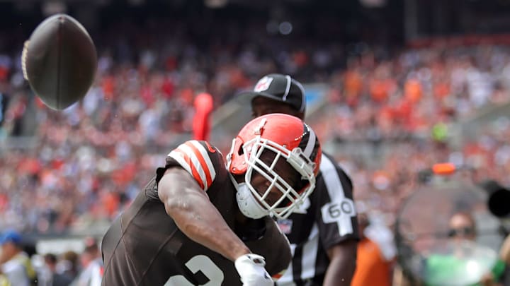 Cleveland Browns wide receiver Amari Cooper (2) celebrates after scoring on the Browns' first drive against the New York Giants, Sunday, Sept. 22, 2024, in Cleveland, Ohio. Cleveland Browns wide receiver Amari Cooper (2) celebrates after scoring on the Browns' first drive against the New York Giants, Sunday, Sept. 22, 2024, in Cleveland, Ohio.