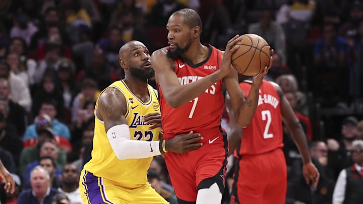 Mar 16, 2026; Houston, Texas, USA; Los Angeles Lakers forward LeBron James (23) defends against Houston Rockets forward Kevin Durant (7) during the fourth quarter at Toyota Center. Mandatory Credit: Troy Taormina-Imagn Images Mar 16, 2026; Houston, Texas, USA; Los Angeles Lakers forward LeBron James (23) defends against Houston Rockets forward Kevin Durant (7) during the fourth quarter at Toyota Center. Mandatory Credit: Troy Taormina-Imagn Images