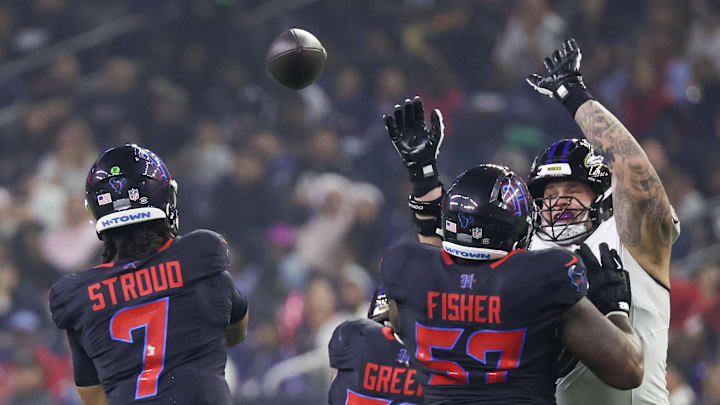 Dec 25, 2024; Houston, Texas, USA; Houston Texans quarterback C.J. Stroud (7) passes against the Baltimore Ravens in the second half at NRG Stadium. Mandatory Credit: Thomas Shea-Imagn Images