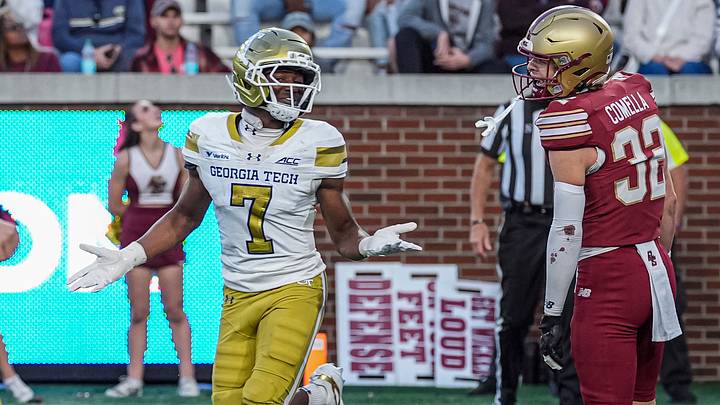 Oct 24, 2026; Atlanta, Georgia, USA; Georgia Tech Yellow Jackets wide receiver Dalen Penson (7) reacts after scoring a touchdown against the Boston College Eagles during the second half at Bobby Dodd Stadium at Hyundai Field. Mandatory Credit: Dale Zanine-Imagn Images Oct 24, 2026; Atlanta, Georgia, USA; Georgia Tech Yellow Jackets wide receiver Dalen Penson (7) reacts after scoring a touchdown against the Boston College Eagles during the second half at Bobby Dodd Stadium at Hyundai Field. Mandatory Credit: Dale Zanine-Imagn Images