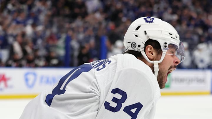 Mar 30, 2024; Buffalo, New York, USA;  Toronto Maple Leafs center Auston Matthews (34) reacts after