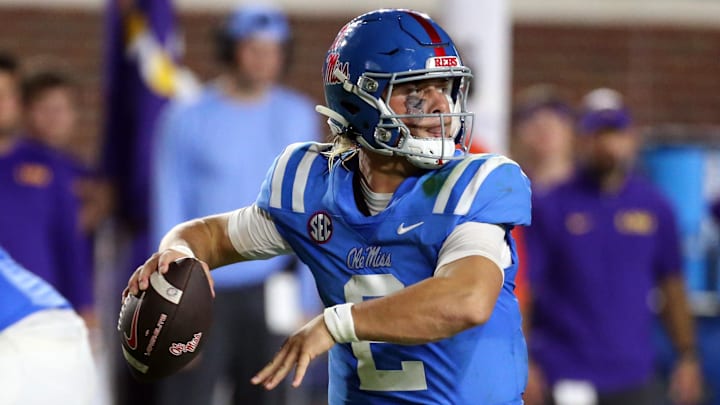Sep 30, 2023; Oxford, Mississippi, USA; Mississippi Rebels quarterback Jaxson Dart (2) passes the ball during the second half against the LSU Tigers at Vaught-Hemingway Stadium. Mandatory Credit: Petre Thomas-Imagn Images