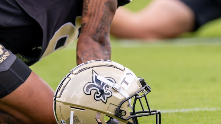 Jun 10, 2025; New Orleans, LA, USA; Detailed view of the Saints helmet during minicamp at Ochsner Sports Performance Center. Mandatory Credit: Stephen Lew-Imagn Images