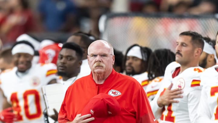 Aug 9, 2025; Glendale, Arizona, USA; Kansas City Chiefs head coach Andy Reid against the Arizona Cardinals during a preseason NFL game at State Farm Stadium. Mandatory Credit: Mark J. Rebilas-Imagn Images