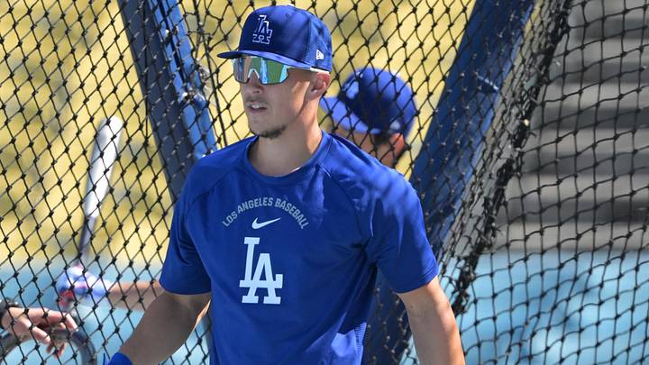 Apr 1, 2026; Los Angeles, California, USA;  Los Angeles Dodgers Tommy Edman (25) takes live batting practice prior to the game against the Cleveland Guardians at Dodger Stadium. Mandatory Credit: Jayne Kamin-Oncea-Imagn Images