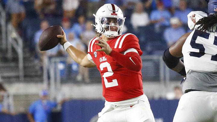 Sep 21, 2024; Oxford, Mississippi, USA; Mississippi Rebels quarterback Jaxson Dart (2) passes the ball during the first half against the Georgia Southern Eagles at Vaught-Hemingway Stadium. Mandatory Credit: Petre Thomas-Imagn Images Sep 21, 2024; Oxford, Mississippi, USA; Mississippi Rebels quarterback Jaxson Dart (2) passes the ball during the first half against the Georgia Southern Eagles at Vaught-Hemingway Stadium. Mandatory Credit: Petre Thomas-Imagn Images