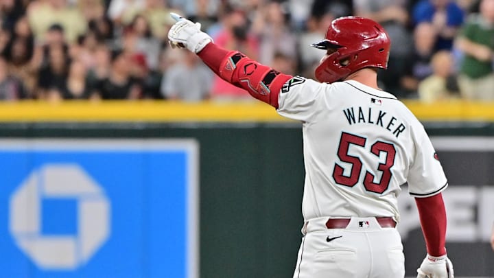 Sep 25, 2024; Phoenix, Arizona, USA; Arizona Diamondbacks first base Christian Walker (53) celebrates a double in the second inning against the San Francisco Giants at Chase Field. Mandatory Credit: Matt Kartozian-Imagn Images