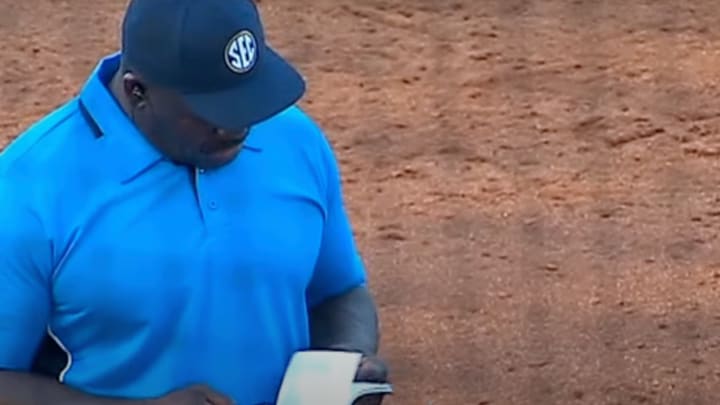 An umpire consults a rule book during the Florida-Arkansas softball game on Saturday.