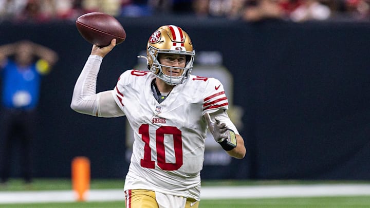 Sep 14, 2025; New Orleans, Louisiana, USA;  San Francisco 49ers quarterback Mac Jones (10) passes against the New Orleans Saints during the second half at Caesars Superdome. Mandatory Credit: Stephen Lew-Imagn Images