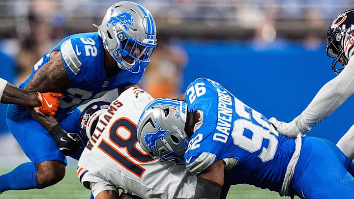 Lions defensive end Marcus Davenport (92) sacks Bears quarterback Caleb Williams (18) in Week 2.