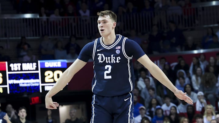 Jan 4, 2025; Dallas, Texas, USA;  Duke Blue Devils guard Cooper Flagg (2) reacts after scoring during the first half against the Southern Methodist Mustangs at Moody Coliseum. Mandatory Credit: Kevin Jairaj-Imagn Images