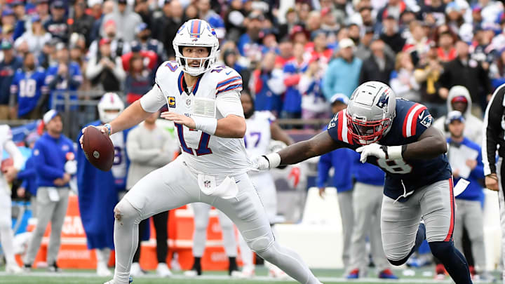 Oct 22, 2023; Foxborough, Massachusetts, USA;  Buffalo Bills quarterback Josh Allen (17) scrambles