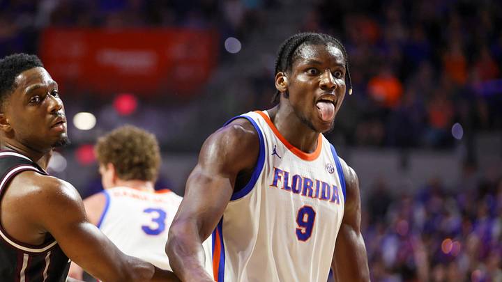 Florida center Rueben Chinyelu (9) celebrates a dunk during the second half of an NCAA mens basketball game at Steven C. O'Connell Center Exactek arena in Gainesville, FL on Tuesday, March 3, 2026. [Alan Youngblood/Gainesville Sun]