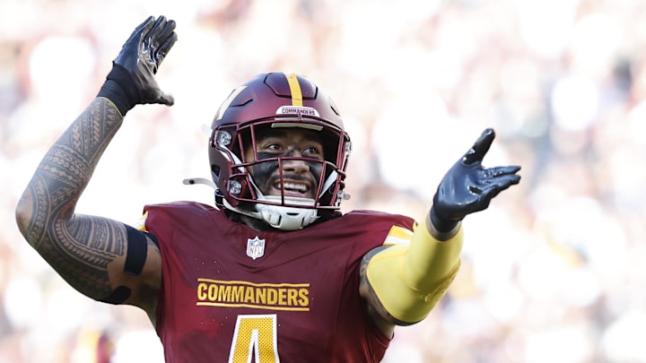 Nov 24, 2024; Landover, Maryland, USA; Washington Commanders linebacker Frankie Luvu (4) celebrates after making a play Dallas Cowboys during the second quarter at Northwest Stadium. Mandatory Credit: Geoff Burke-Imagn Images Nov 24, 2024; Landover, Maryland, USA; Washington Commanders linebacker Frankie Luvu (4) celebrates after making a play Dallas Cowboys during the second quarter at Northwest Stadium. Mandatory Credit: Geoff Burke-Imagn Images