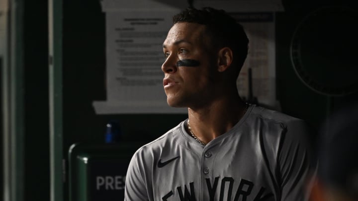 Aug 26, 2024; Washington, District of Columbia, USA; New York Yankees center fielder Aaron Judge looks out from the dugout. Aug 26, 2024; Washington, District of Columbia, USA; New York Yankees center fielder Aaron Judge looks out from the dugout.