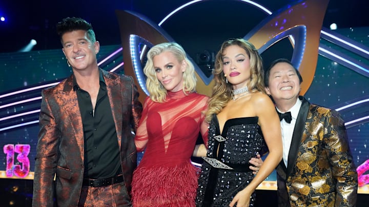 THE MASKED SINGER: L-R: Robin Thicke, Jenny McCarthy Wahlberg, Rita Ora, and Ken Jeong in the season 13 premiere of THE MASKED SINGER airing Wednesday, Feb. 12 (8:00-9:02 PM ET/PT) on FOX. CR: Michael Becker. ©2025 FOX Media LLC.