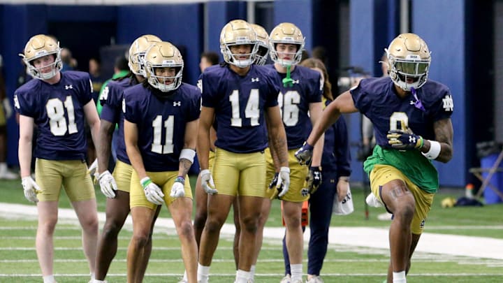 Notre Dame wide receiver Deion Colzie (0) does a drill at Notre Dame spring football practice