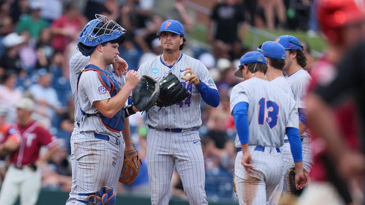 Florida has a mound conference during the 2026 NCAA Baseball Championship Gainesville Regional championship baseball game at Condron Family Ballpark in Gainesville, FL on Sunday, May 31, 2026. [Alan Youngblood/Gainesville Sun]
