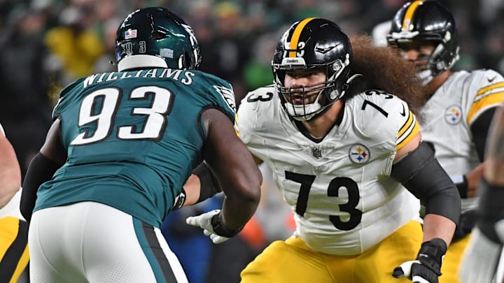 Dec 15, 2024; Philadelphia, Pennsylvania, USA; Pittsburgh Steelers guard Isaac Seumalo (73) blocks Philadelphia Eagles defensive tackle Milton Williams (93) at Lincoln Financial Field. Mandatory Credit: Eric Hartline-Imagn Images