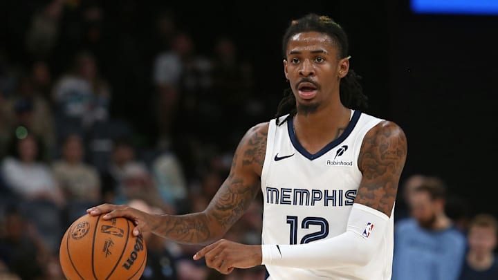 Oct 30, 2024; Memphis, Tennessee, USA; Memphis Grizzlies guard Ja Morant (12) dribbles during the second half against the Brooklyn Nets at FedExForum. Mandatory Credit: Petre Thomas-Imagn Images