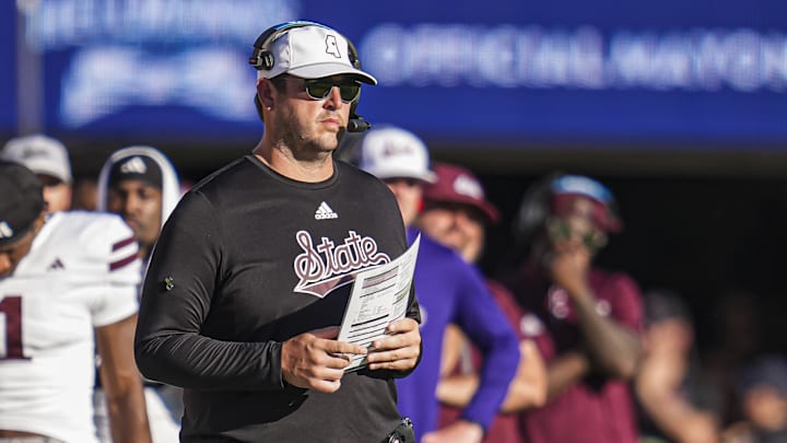 Oct 12, 2024; Athens, Georgia, USA; Mississippi State Bulldogs head coach Jeff Lebby on the sidelines against the Georgia Bulldogs at Sanford Stadium. Mandatory Credit: Dale Zanine-Imagn Images