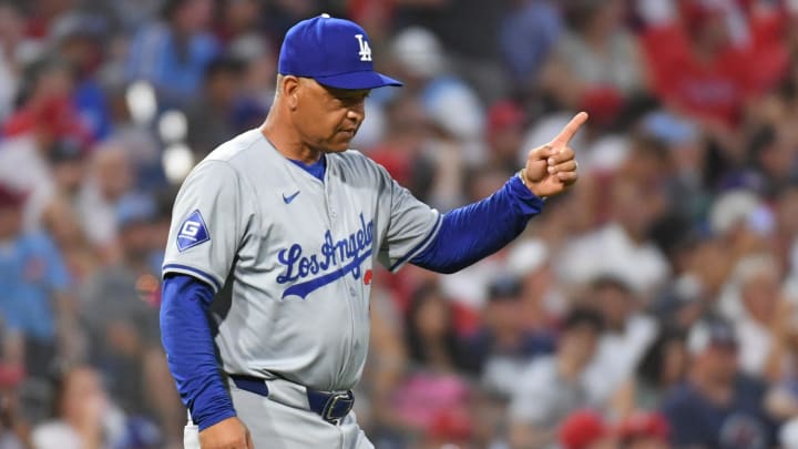 Jul 10, 2024; Philadelphia, Pennsylvania, USA; Los Angeles Dodgers manager Dave Roberts (30) signals to the bullpen to make a pitching change against the Philadelphia Phillies at Citizens Bank Park. Mandatory Credit: Eric Hartline-USA TODAY Sports Jul 10, 2024; Philadelphia, Pennsylvania, USA; Los Angeles Dodgers manager Dave Roberts (30) signals to the bullpen to make a pitching change against the Philadelphia Phillies at Citizens Bank Park. Mandatory Credit: Eric Hartline-USA TODAY Sports