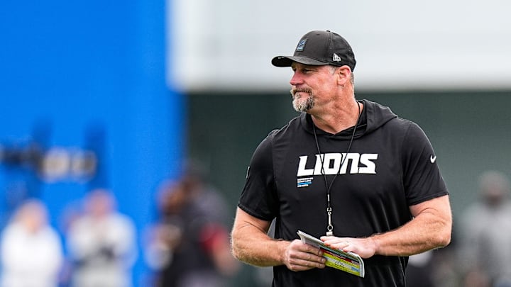 Detroit Lions head coach Dan Campbell watches practice during training camp at Meijer Performance Center in Allen Park on Thursday, August 21, 2025.