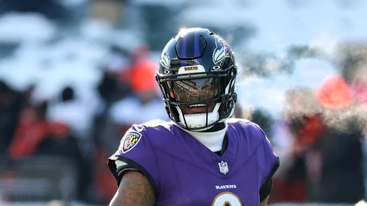 Dec 14, 2025; Cincinnati, Ohio, USA;  Baltimore Ravens quarterback Lamar Jackson (8) warms up before the game against the Cincinnati Bengals at Paycor Stadium. Mandatory Credit: Joseph Maiorana-Imagn Images