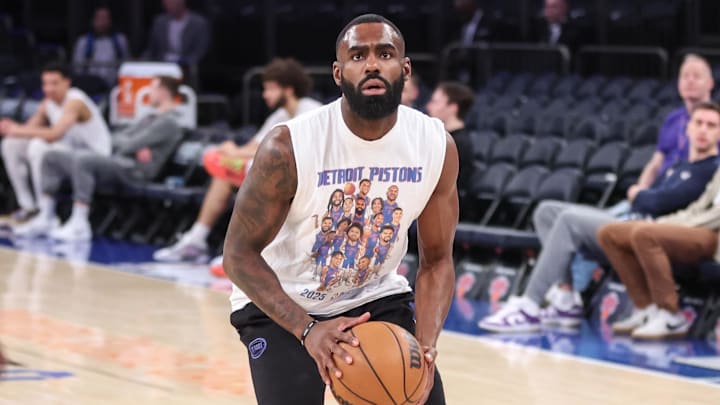 Apr 29, 2025; New York, New York, USA; Detroit Pistons forward Tim Hardaway Jr. (8) warms up prior to game five of first round for the 2025 NBA Playoffs at Madison Square Garden. Mandatory Credit: Wendell Cruz-Imagn Images