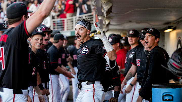 Georgia Baseball's Kolby Branch celebrates a home run 