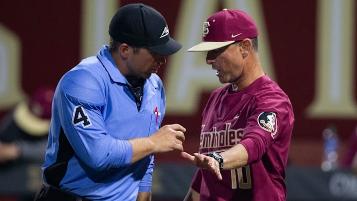 Florida State head coach Link Jarrett argues a call made by an umpire. The Florida Gators defeated