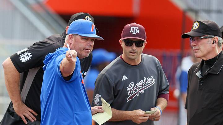 Florida head coach Kevin O'Sullivan talks with Texas A&M head coach Michael Earley before an NCAA baseball game at Condron Family Ballpark at Alfred A. McKethan Field in Gainesville, FL on Friday, April 24, 2026. [Alan Youngblood/Gainesville Sun]