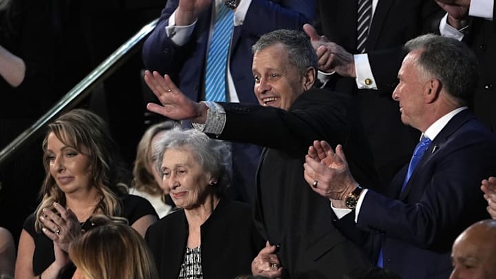 Mar 4, 2025; Washington, DC, USA; Marc Fogel, right, recently brought home to the U.S. after being held in a Russian prison, is recognized by President Donald Trump during his address to a joint session of Congress at the U.S. Capitol in Washington, D.C., on March 4, 2025. Mandatory Credit: Jack Gruber-USA TODAY