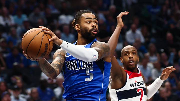 Oct 24, 2025; Dallas, Texas, USA; Dallas Mavericks guard D'Angelo Russell (5) looks to pass as Washington Wizards forward Khris Middleton (22) defends during the first quarter at American Airlines Center. Mandatory Credit: Kevin Jairaj-Imagn Images Oct 24, 2025; Dallas, Texas, USA; Dallas Mavericks guard D'Angelo Russell (5) looks to pass as Washington Wizards forward Khris Middleton (22) defends during the first quarter at American Airlines Center. Mandatory Credit: Kevin Jairaj-Imagn Images