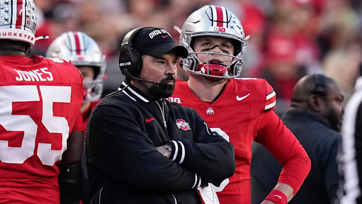 Nov 18, 2023; Columbus, Ohio, USA; Ohio State Buckeyes quarterback Kyle McCord (6) looks at a replay