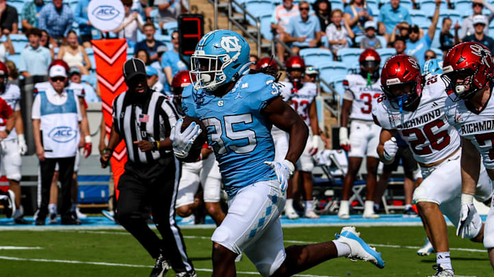 North Carolina running back Demon June breaking off a run vs. Richmond (Sept. 13, 2025