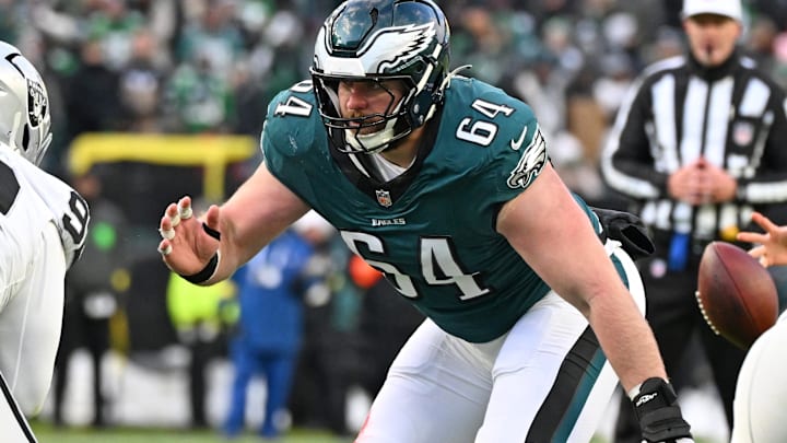 Dec 14, 2025; Philadelphia, Pennsylvania, USA; Philadelphia Eagles center Brett Toth (64) against the Las Vegas Raiders at Lincoln Financial Field. 
