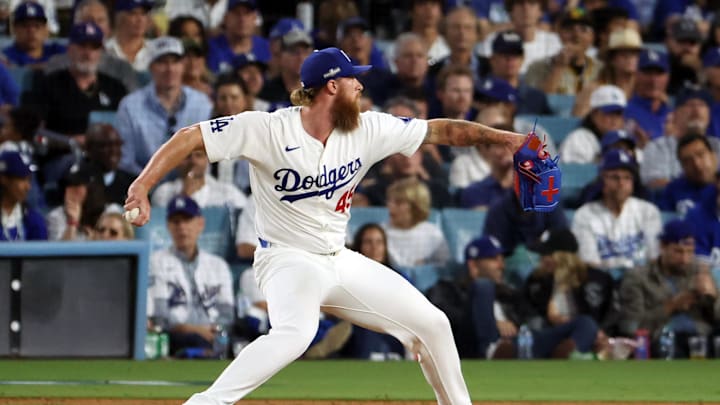 Oct 11, 2024; Los Angeles, California, USA; Los Angeles Dodgers pitcher Michael Kopech (45) pitches against the San Diego Padres in the eighth inning during game five of the NLDS for the 2024 MLB Playoffs at Dodger Stadium. Mandatory Credit: Kiyoshi Mio-Imagn Images Oct 11, 2024; Los Angeles, California, USA; Los Angeles Dodgers pitcher Michael Kopech (45) pitches against the San Diego Padres in the eighth inning during game five of the NLDS for the 2024 MLB Playoffs at Dodger Stadium. Mandatory Credit: Kiyoshi Mio-Imagn Images