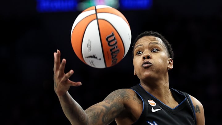 May 9, 2026; Minneapolis, Minnesota, USA; Minnesota Lynx guard Courtney Williams (10) rebounds the ball against the Atlanta Dream during the first half at Target Center. Mandatory Credit: Matt Krohn-Imagn Images