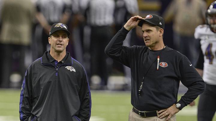 Feb 3, 2013; New Orleans, LA, USA; Baltimore Ravens head coach John Harbaugh (left) and his brother Feb 3, 2013; New Orleans, LA, USA; Baltimore Ravens head coach John Harbaugh (left) and his brother