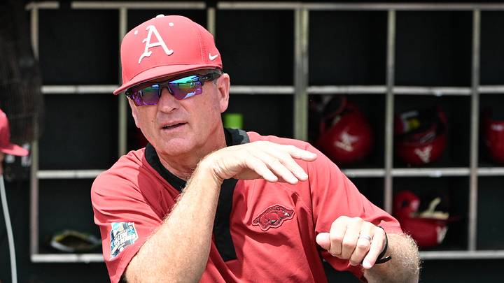 Jun 16, 2025; Omaha, Neb, USA; Arkansas Razorbacks ahc Dave Van Horn (2) looks over the field before the game against the Murray State Racers at Charles Schwab Field. Mandatory Credit: Steven Branscombe-Imagn Images Jun 16, 2025; Omaha, Neb, USA; Arkansas Razorbacks ahc Dave Van Horn (2) looks over the field before the game against the Murray State Racers at Charles Schwab Field. Mandatory Credit: Steven Branscombe-Imagn Images
