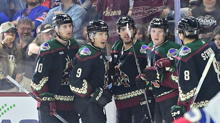 Mar 30, 2024; Tempe, Arizona, USA; Arizona Coyotes right wing Clayton Keller (9) celebrates with