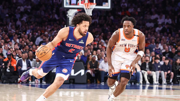 Apr 29, 2025; New York, New York, USA; Detroit Pistons guard Cade Cunningham (2) drives past New York Knicks forward OG Anunoby (8) in the second quarter during game five of first round for the 2025 NBA Playoffs at Madison Square Garden. Mandatory Credit: Wendell Cruz-Imagn Images Apr 29, 2025; New York, New York, USA; Detroit Pistons guard Cade Cunningham (2) drives past New York Knicks forward OG Anunoby (8) in the second quarter during game five of first round for the 2025 NBA Playoffs at Madison Square Garden. Mandatory Credit: Wendell Cruz-Imagn Images