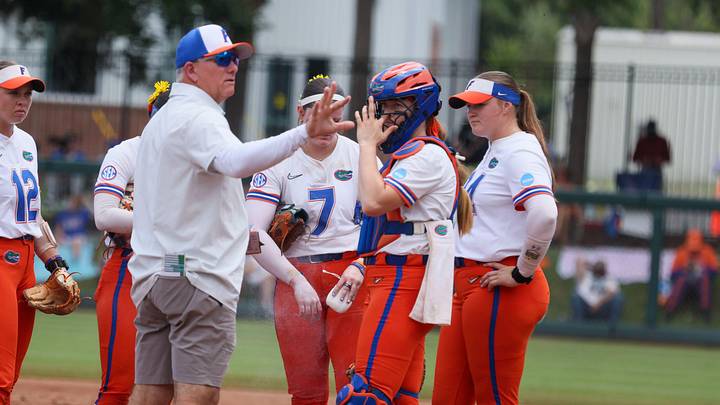 Florida head coach Tim Walton talks to the infield during game 3 of the super regional of the NCAA Division 1 softball championship at Katie Seashole Pressly Stadium in Gainesville, FL on Sunday, May 24, 2026. [Alan Youngblood/Gainesville Sun]