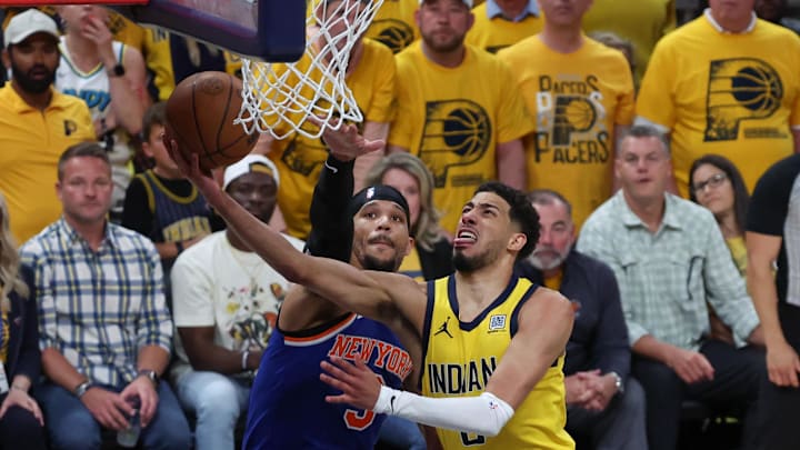 May 31, 2025; Indianapolis, Indiana, USA; Indiana Pacers guard Tyrese Haliburton (0) shoots the ball against New York Knicks guard Josh Hart (3) in the fourth quarter during game six of the eastern conference finals for the 2025 NBA Playoffs at Gainbridge Fieldhouse. Mandatory Credit: Trevor Ruszkowski-Imagn Images