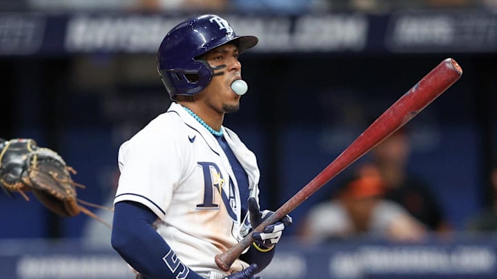 Tampa Bay Rays shortstop Wander Franco (5) reacts after striking out against the Baltimore Orioles in the ninth inning at Tropicana Field in 2023.